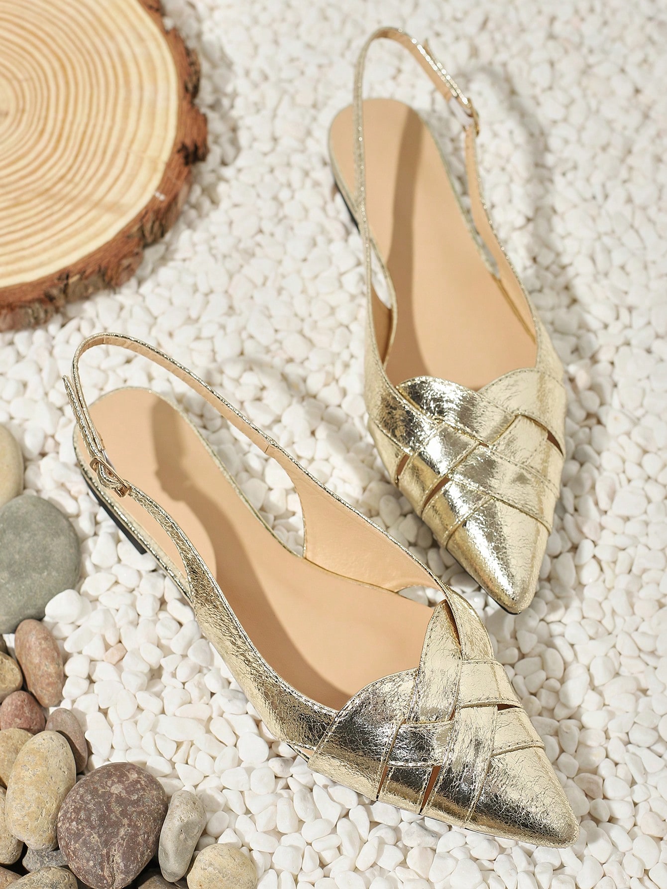 魅力四射露跟平底鞋適用於金屬質感編織細節平底鞋woman flat shoes